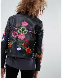 Asos Premium Leather Biker Jacket With Floral Embroidery And Stud Detail