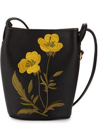 Black Embroidered Leather Bucket Bag