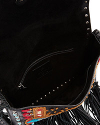 Valentino Rockstud Rolling Embroidered Fringe Trim Leather Crossbody Bag