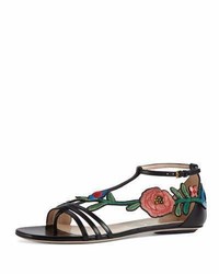 Black Embroidered Leather Flat Sandals