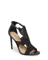 Black Embroidered Leather Heeled Sandals