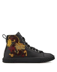 Black Embroidered Leather High Top Sneakers