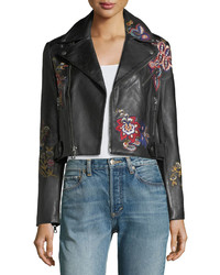 Alice + Olivia Cody Embroidered Cropped Leather Jacket