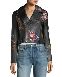 Alice + Olivia Cody Embroidered Cropped Leather Jacket