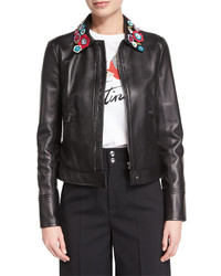 RED Valentino Leather Jacket With Flower Appliques