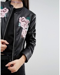 Asos Petite Petite Leather Look Jacket With Embroidery Detail