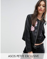 Asos Petite Petite Leather Look Jacket With Embroidery Detail