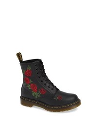 Black Embroidered Leather Lace-up Flat Boots