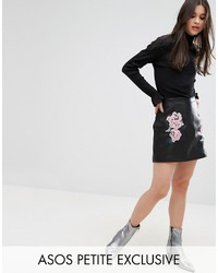 Asos Petite Petite Leather Look Mini Skirt With Embroidery Detail