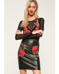 Missguided Tall Black Faux Leather Floral Applique Mini Skirt