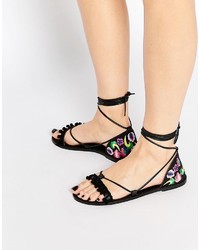 Black Embroidered Leather Sandals