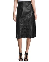 Black Embroidered Leather Skirt