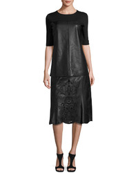 Neiman Marcus Embroidered Floral Laser Cut Leather Midi Skirt Black