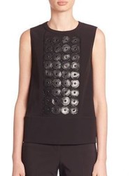 Black Embroidered Leather Sleeveless Top