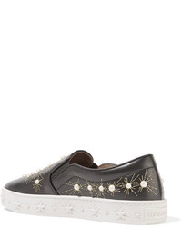 Aquazzura Cosmic Embellished Embroidered Leather Slip On Sneakers Black