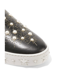 Aquazzura Cosmic Embellished Embroidered Leather Slip On Sneakers Black