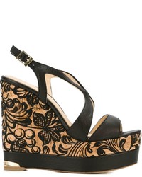 Black Embroidered Leather Wedge Sandals