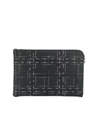 Black Embroidered Leather Zip Pouch