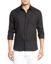 Black Embroidered Linen Long Sleeve Shirt