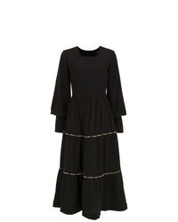 Black Embroidered Linen Midi Dress