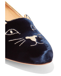 Charlotte Olympia Kitty Embroidered Velvet Slippers Midnight Blue