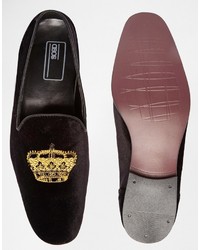 Asos Loafers In Black Velvet With Crown Embroidery