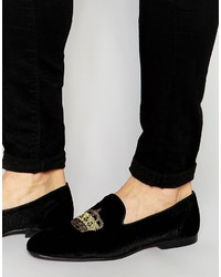 Asos Loafers In Black Velvet With Crown Embroidery
