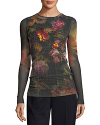 Fuzzi Long Sleeve Embroidered Wear Gardenia Floral Tulle Tee