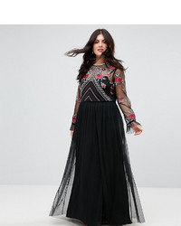 Frock And Frill Plus Frock And Frill Plus Premium Embroidered High Neck Long Sleeve Maxi Dress