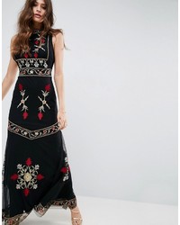 Asos High Neck Embroidered Cut Out Back Maxi Dress