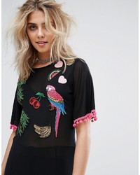 Boohoo Parrot Embroidered Mesh Maxi Dress