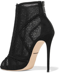 Dolce & Gabbana Embroidered Mesh And Suede Peep Toe Ankle Boots Black
