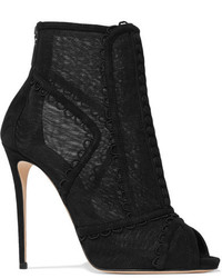 Dolce & Gabbana Embroidered Mesh And Suede Peep Toe Ankle Boots Black