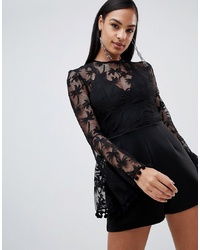 Rare London Embroidered Mesh Bell Sleeve Playsuit