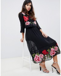 ASOS DESIGN Double Layer Midi Embroidered Dress With Long Sleeves