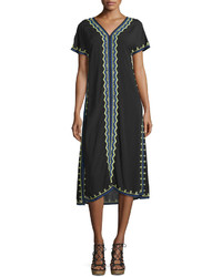 Neiman Marcus Embroidered Short Sleeve Midi Dress Blackmulti
