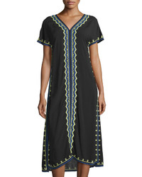 Neiman Marcus Embroidered Short Sleeve Midi Dress Blackmulti