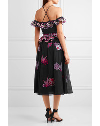 Temperley London Wildflower Cold Shoulder Embroidered Cotton And Silk Blend Midi Dress Black