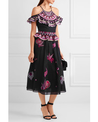 Temperley London Wildflower Cold Shoulder Embroidered Cotton And Silk Blend Midi Dress Black