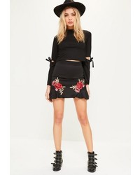 Missguided Black Floral Applique Frill Hem Mini Skirt
