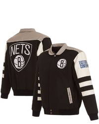 JH DESIGN Black Brooklyn Nets Stripe Colorblock Nylon Reversible Full Snap Jacket