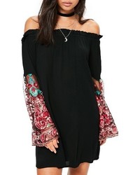 Missguided Bardot Embroidered Sleeve Off The Shoulder Dress