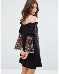 Asos Off Shoulder Sundress With Embroidered Mesh Sleeves
