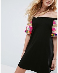 Asos Off Shoulder Sundress With Embroidery Sleeves Pom Poms