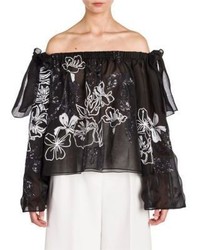 Fendi Off The Shoulder Sequin Embroidered Organza Blouse