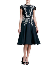Pamella Roland Embroidered Sheer Sleeve Party Dress