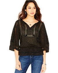 Lucky Brand Three Quarter Sleeve Embroidered Peasant Top