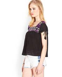 Forever 21 Whimsical Embroidered Peasant Top