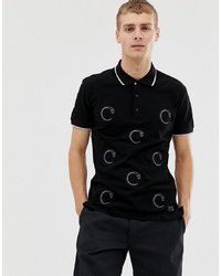 Cavalli Class Polo Shirt In Black With Repeat Snake Print