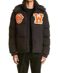 Off-White Boucle Patch Down Feather Fill Hooded Puffer Jacket